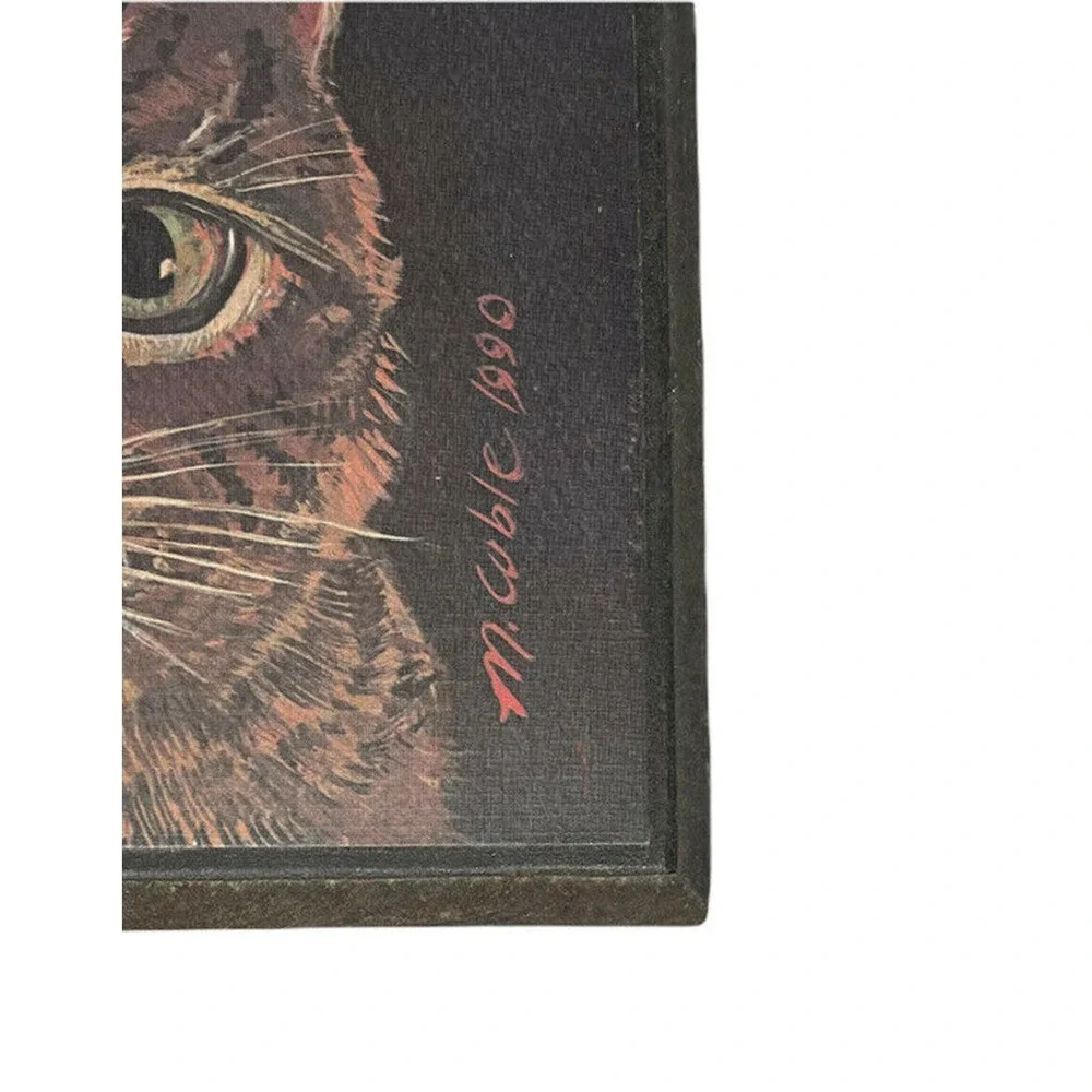 Vintage 1990 Hand Painted Artisan Black Wooden Cat Trinket Storage Box 7